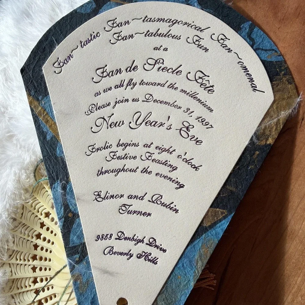 Vtg 1997 Peacock‎ Feather Fan New Year's Eve Invitation Beverly Hills Y2K Rare